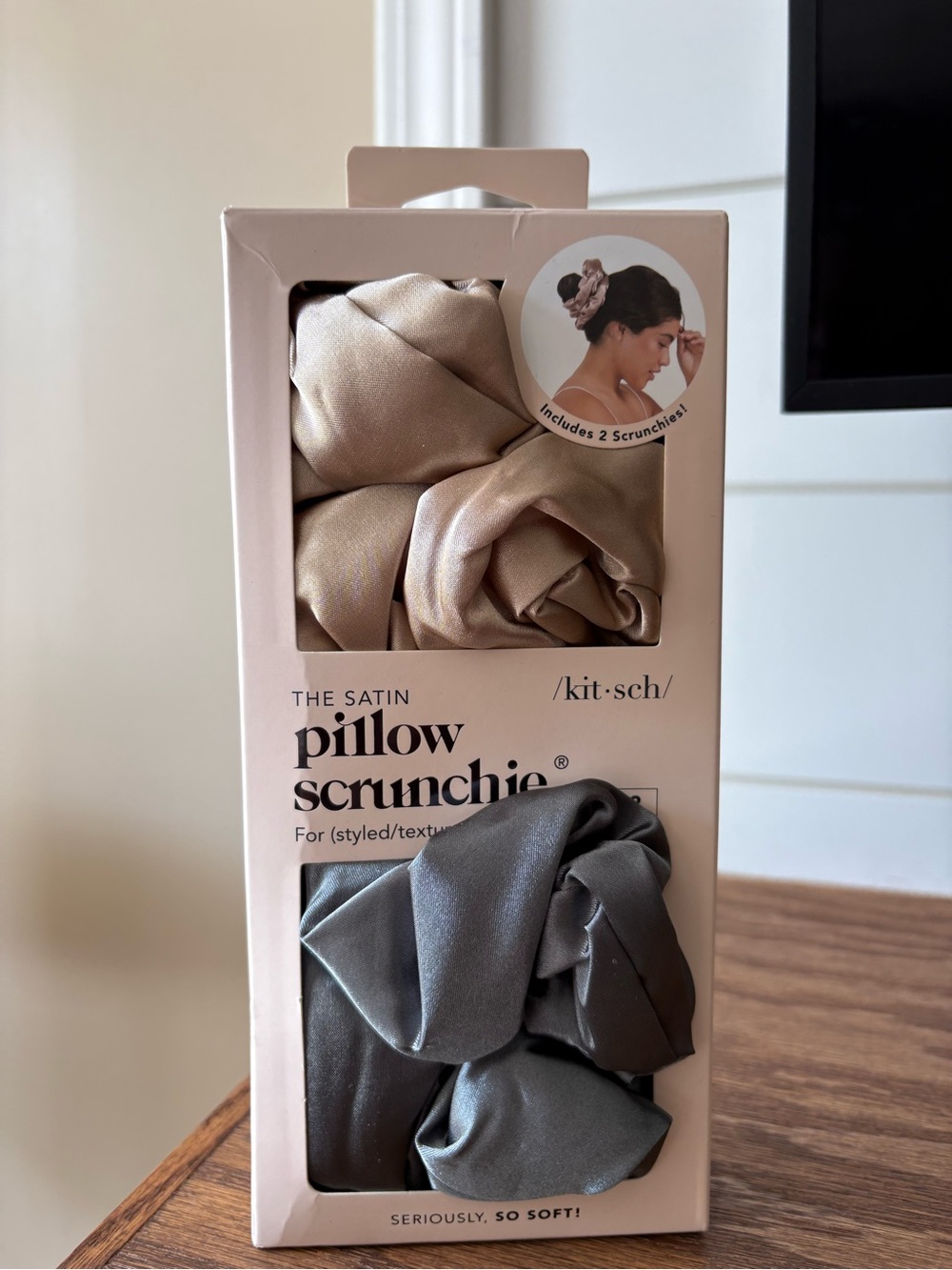 Kitsch Satin Pillow Scrunchie Set in Champagne and Charcoal Gray